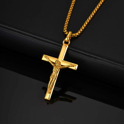 Stainless Steel Jesus Cross Pendant Necklace Fashion Gold Silver Color Christian Necklace Religion Prayer Faith Jewelry for Men