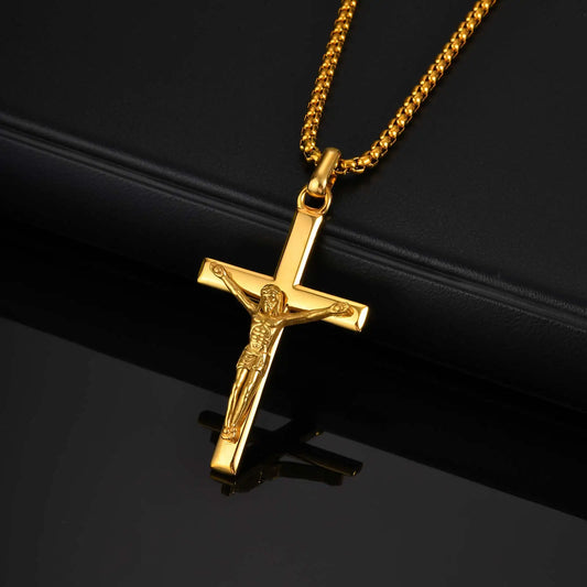 Stainless Steel Jesus Cross Pendant Necklace Fashion Gold Silver Color Christian Necklace Religion Prayer Faith Jewelry for Men