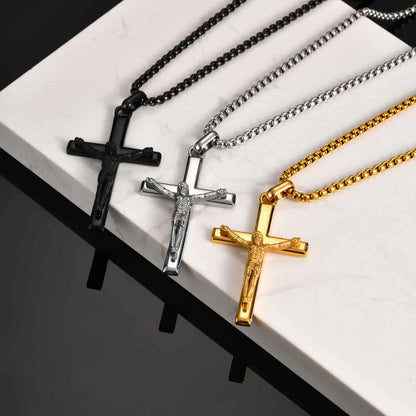 Stainless Steel Jesus Cross Pendant Necklace Fashion Gold Silver Color Christian Necklace Religion Prayer Faith Jewelry for Men